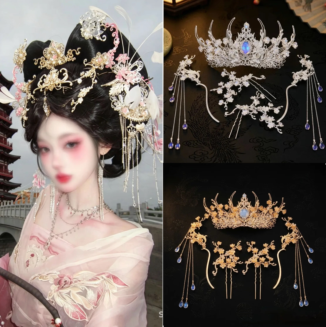 汉服古风异域风情神女全套银色宝石全套头饰仙侠发冠发簪敦煌发饰