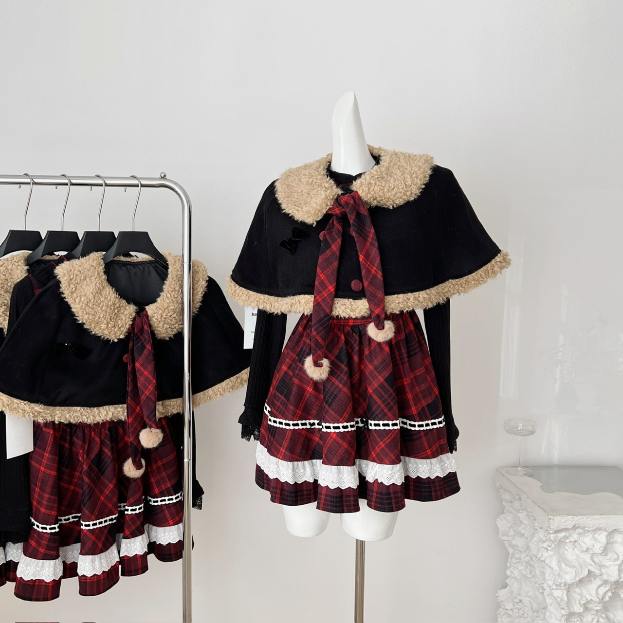 冬日少女感洋装Lolita裙圣诞节毛绒外套拼接红色假两件格纹连衣裙