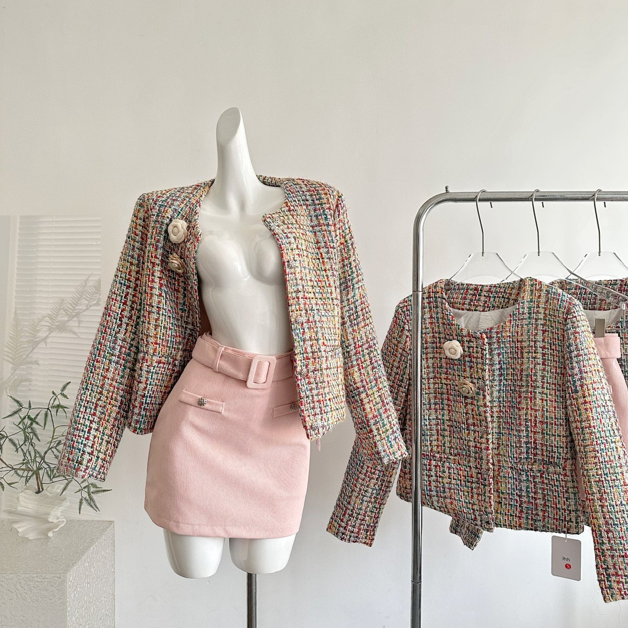 Barb Chill花色小香风短外套女秋冬套装夹棉羊毛粗花呢上衣千金风