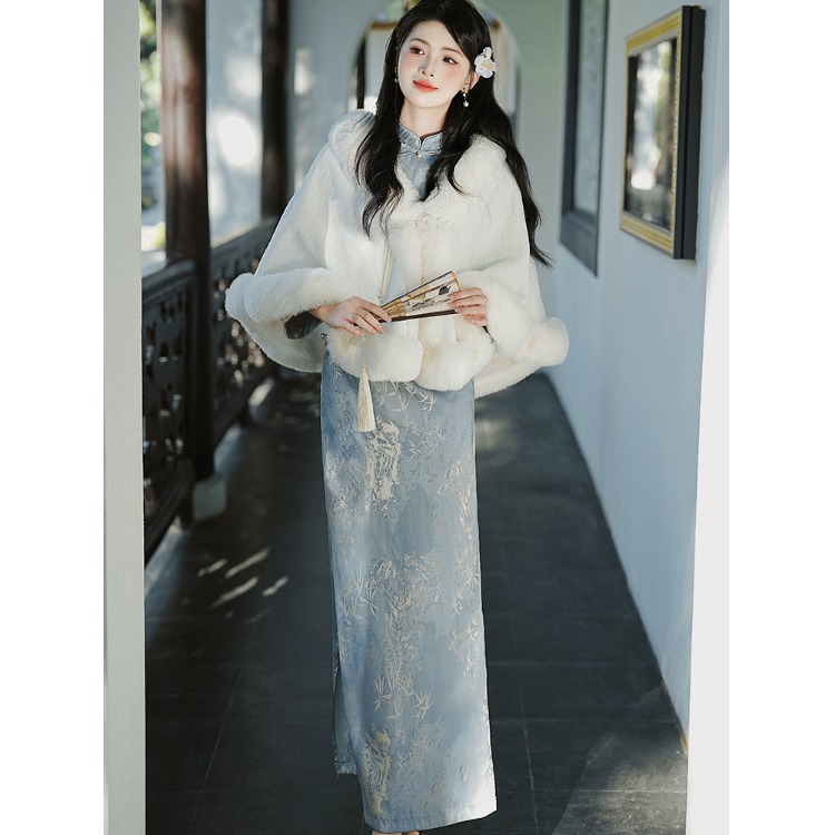 温柔仙女加厚斗篷披肩配旗袍秋冬文艺百搭保暖毛绒领外搭开衫加绒