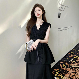 港风复古韩系蕾丝V领马甲套装 洋气两件套 裙女夏季 新款