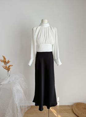 JAYKY YANG玛格丽特立领宽松短款褶皱衬衫高腰修身包臀裙套装