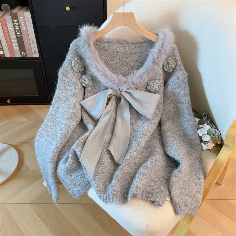 毛毛拼接V领针织衫毛衣女秋冬大码胖mm显瘦巨好看法式蝴蝶结上衣