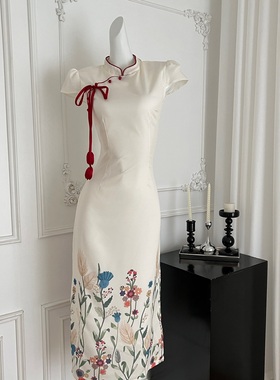 Thecoco 新中式印花棉麻旗袍女夏季气质修身显瘦 送郁金香红头绳