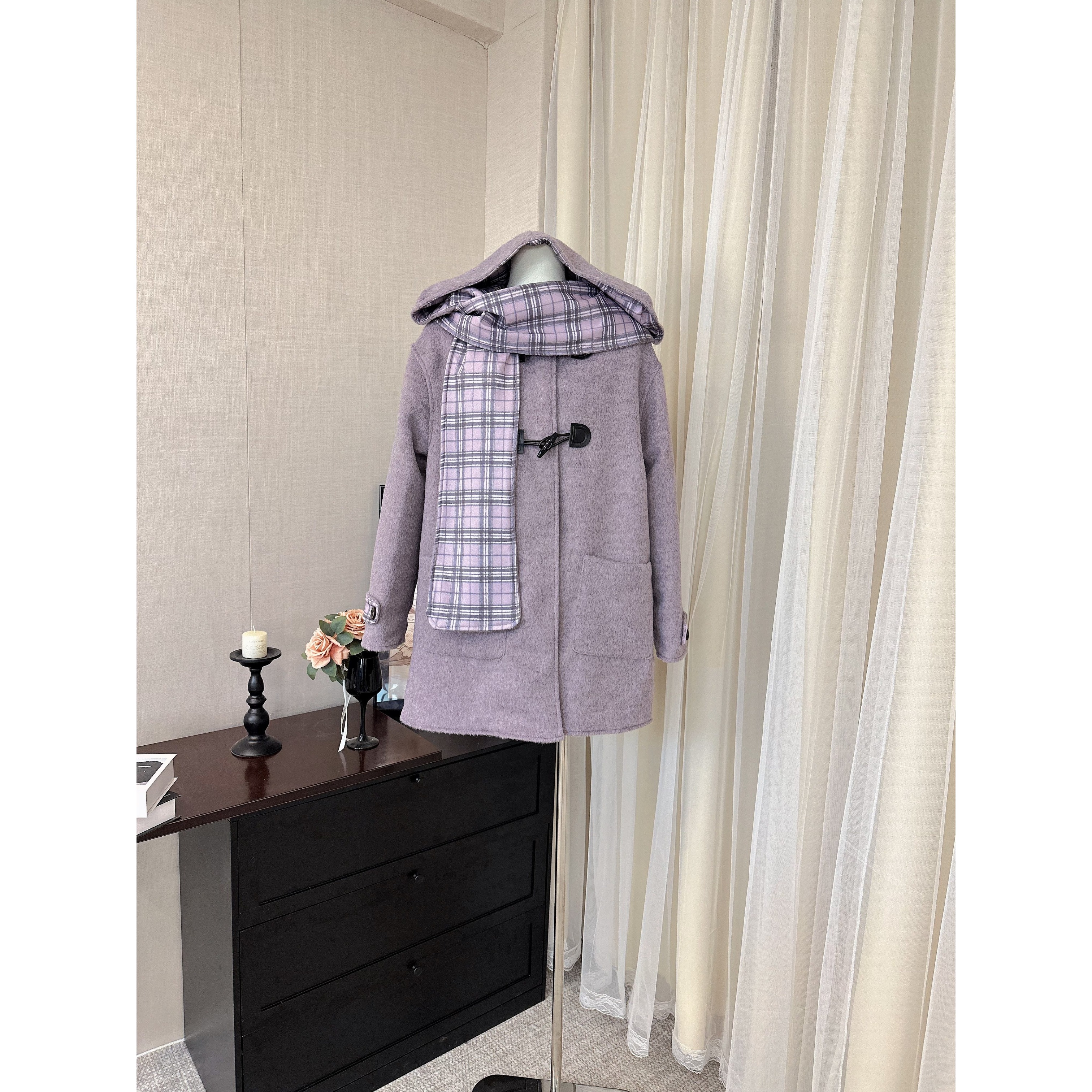 罐头士多所 '芋泥奶雾'冬季紫色可脱卸帽子双面呢%羊毛大衣外套