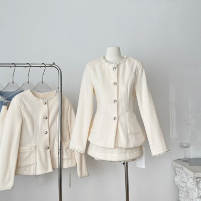 QDQD MIU系千金感毛呢外套珍珠圆领收腰显瘦设计秋冬半身裙两件套