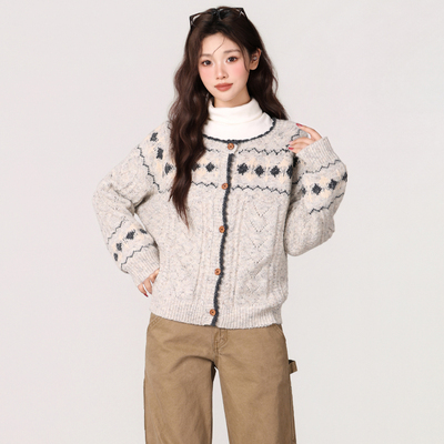 韩系费尔岛毛衣外套女2025秋冬宽松慵懒毛织针织开衫上衣