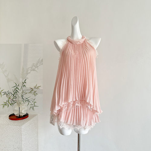 CloudSweet白云甜恋夏风情蕾丝挂脖无袖上衣女夏季雪纺套装两件套