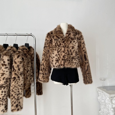板栗可可Bankelili'复古冬日'豹纹环葆皮草翻领毛毛休闲外套女冬