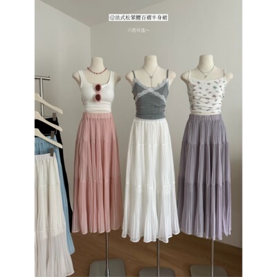 CallmeEar 雨雾紫藤压褶半身裙春夏宽松大裙摆a字长裙