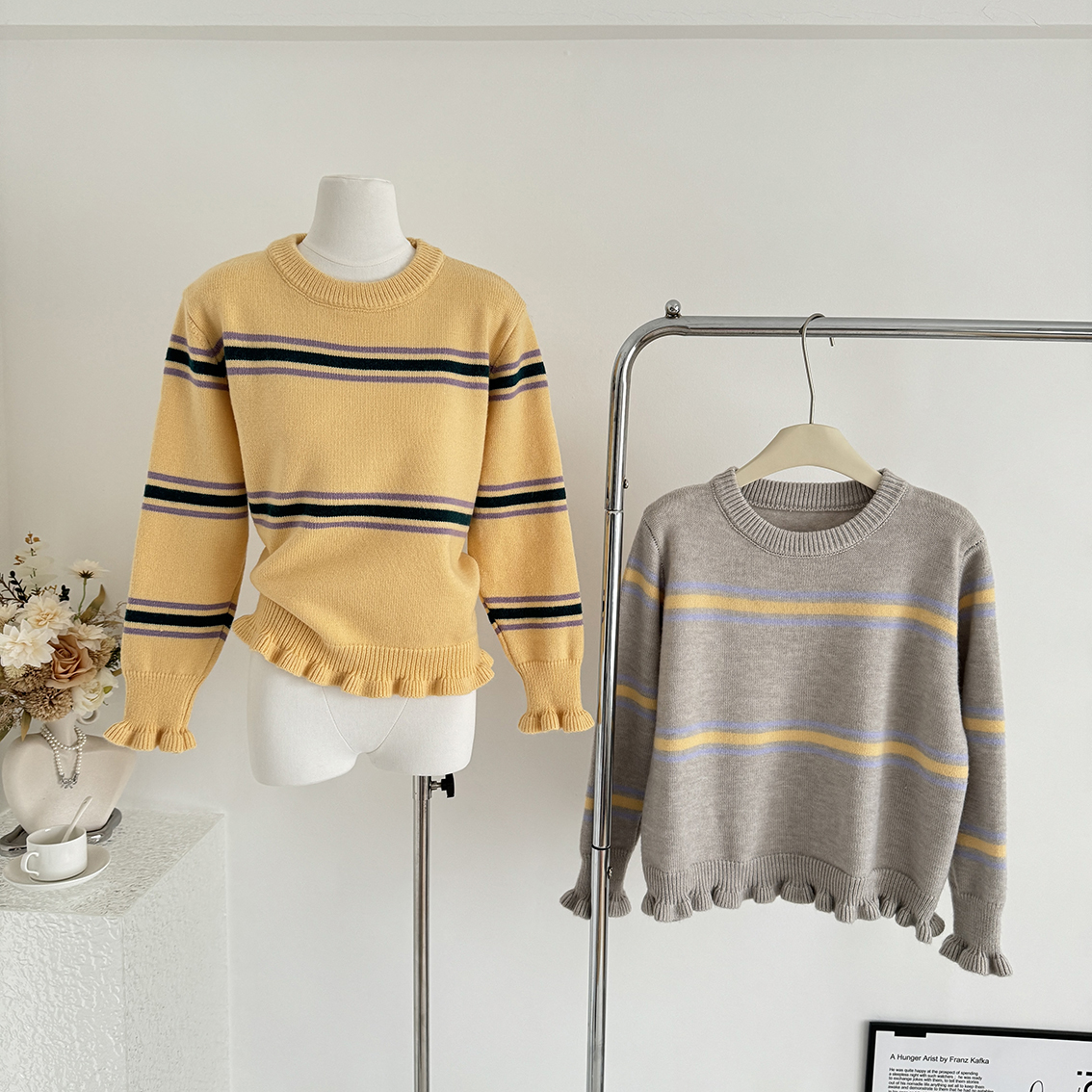 2025秋冬新款韩版时尚百搭圆领条纹针织衫毛衣女宽松显瘦上衣女