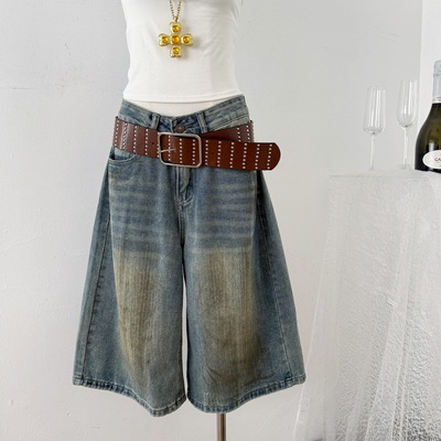 SUNONEONE 重工美式牛仔中裤女夏宽松直筒擦色休闲短裤七分裤