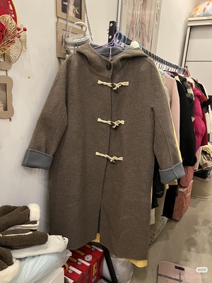 羊毛牛角扣双面大衣女中长款25秋冬新款连帽学院风呢子外套