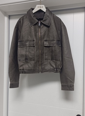 灰色翻领大口袋潮流机车款酷小皮衣女L胸围110长53适合90-120斤