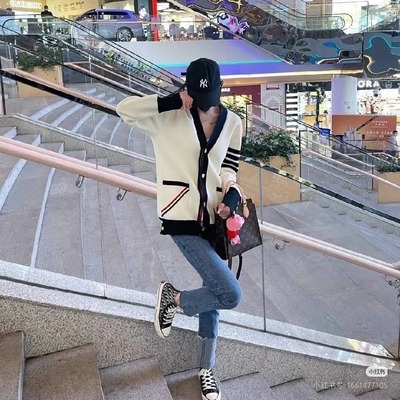 针织衫秋冬新款女开衫长袖V领四条杠红白蓝织带毛衣外套学院风