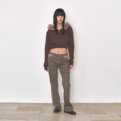 BEDEVIL 复古做旧低腰拼接工装裤 卡其色