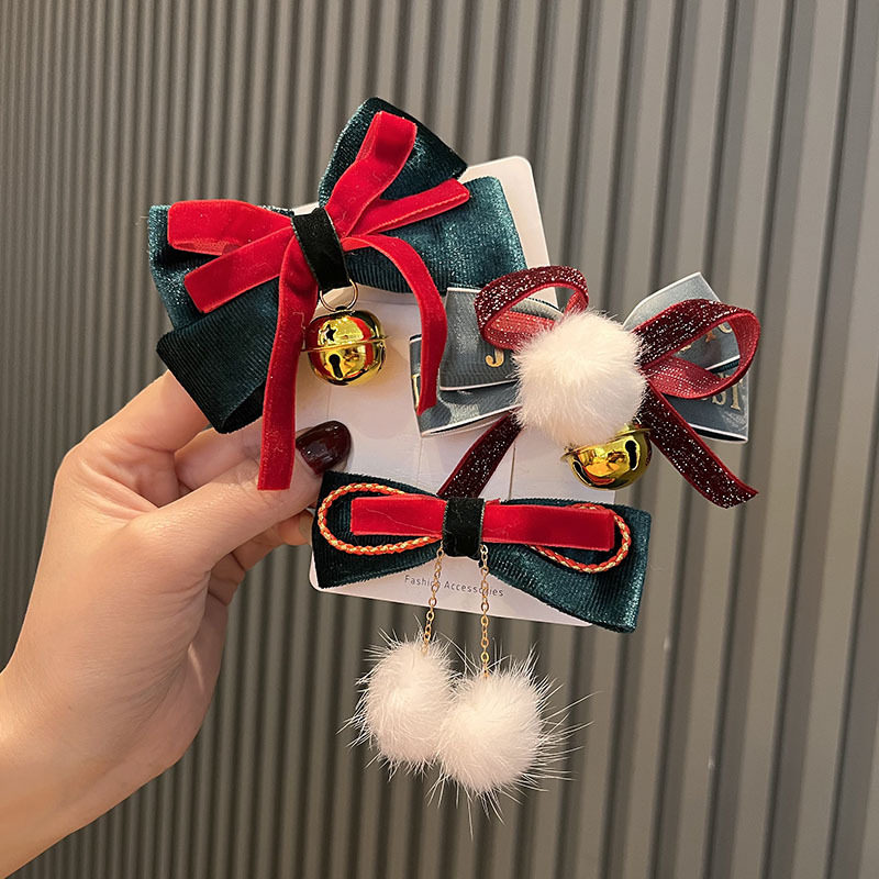 圣诞节丝绒蝴蝶结发卡可爱毛球铃铛圣诞树BB夹子头饰卡通发夹儿童