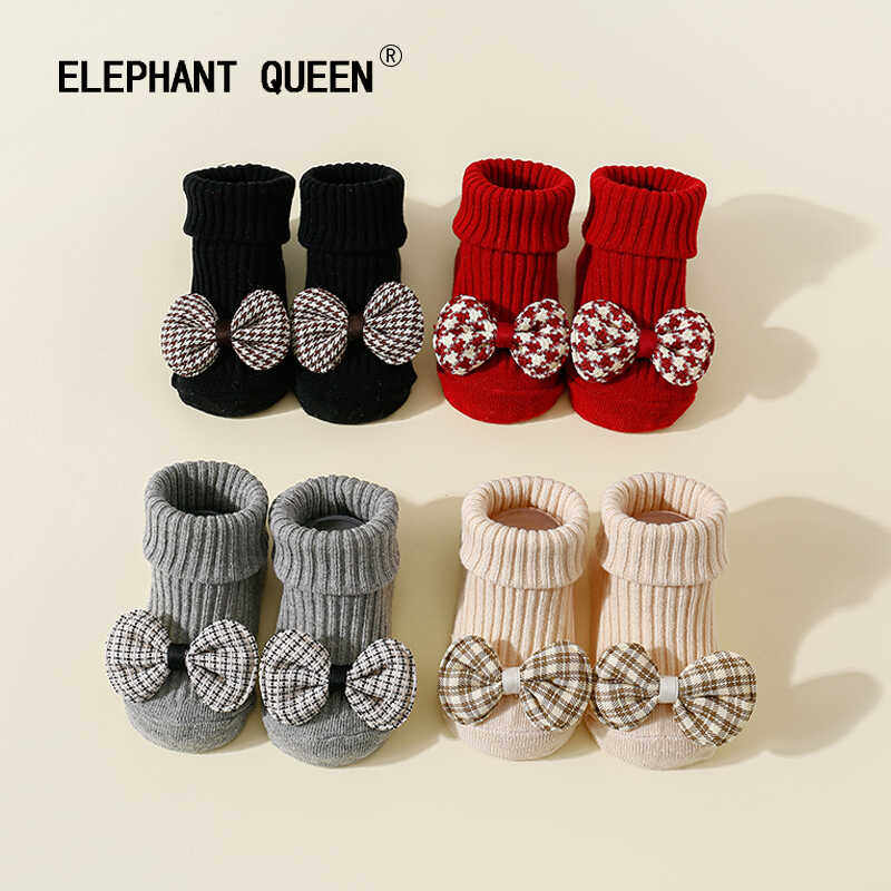 儿童袜子春秋款女童格子蝴蝶结中筒袜防滑点胶设计婴幼儿女宝童袜