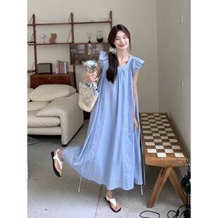 桔梗新仙女裙PQL初恋a字遮肚显 法式 蓝色小飞袖 连衣裙女夏2240裙款