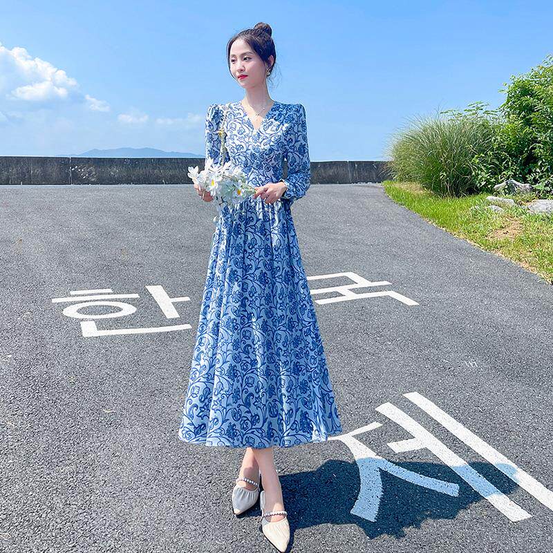 碎长袖连衣裙女花025年春秋新款法1102式款桔2梗长裙收腰显瘦雪纺
