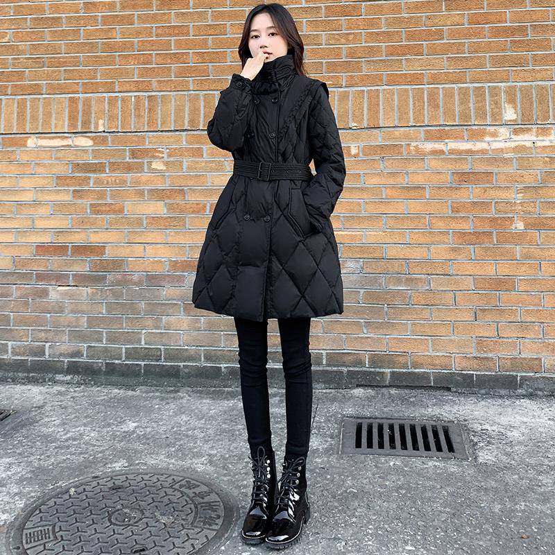 2024新款女装冬季修身收腰中长款羽绒服女黑色显瘦白鸭绒外套加厚