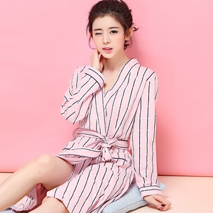 睡衣韩版长袖睡袍女秋季加厚宽松条纹款纯棉加大码中长款日式浴袍