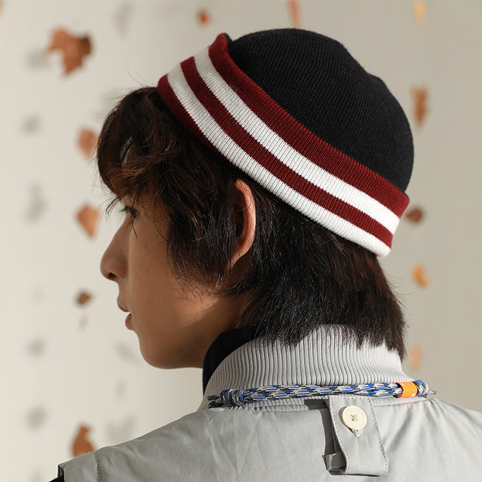 oadb日系复古休闲百搭秋冬撞色条纹可翻多种戴法毛线针织混纺冷帽