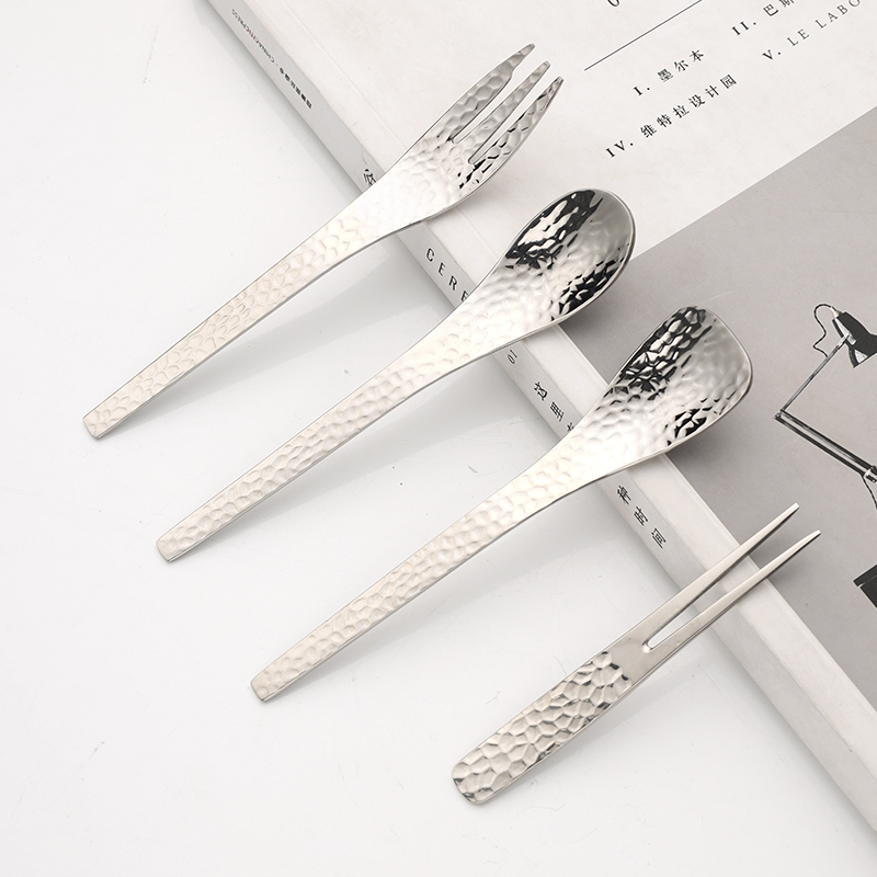 304不锈钢锤纹金色甜品勺水果叉