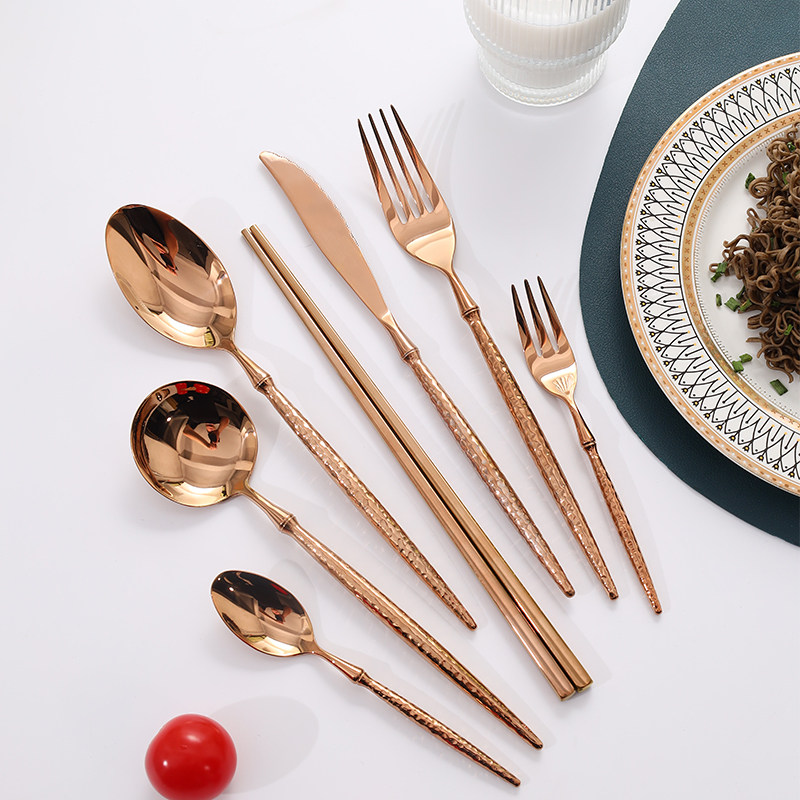 锤纹玫瑰金304不锈钢牛排刀叉勺日式西餐具套装家用汤勺甜品勺叉,餐饮具,西餐餐具套装,淘宝优惠券,粉丝福利购,淘宝优惠卷