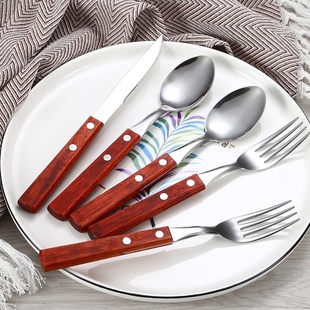 北欧不锈钢304牛排刀叉勺3件套套装花梨木柄牛扒刀叉西餐商用餐具