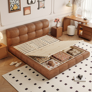 中古风储物床现代简约软包双人床主卧轻奢家用婚床1.8m米皮床软床