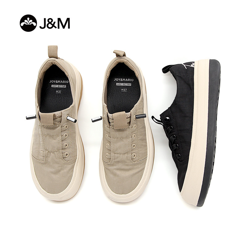 J&M/快乐玛丽秋季纯色一脚蹬休闲黑色帆布鞋低帮套脚厚底增高女鞋