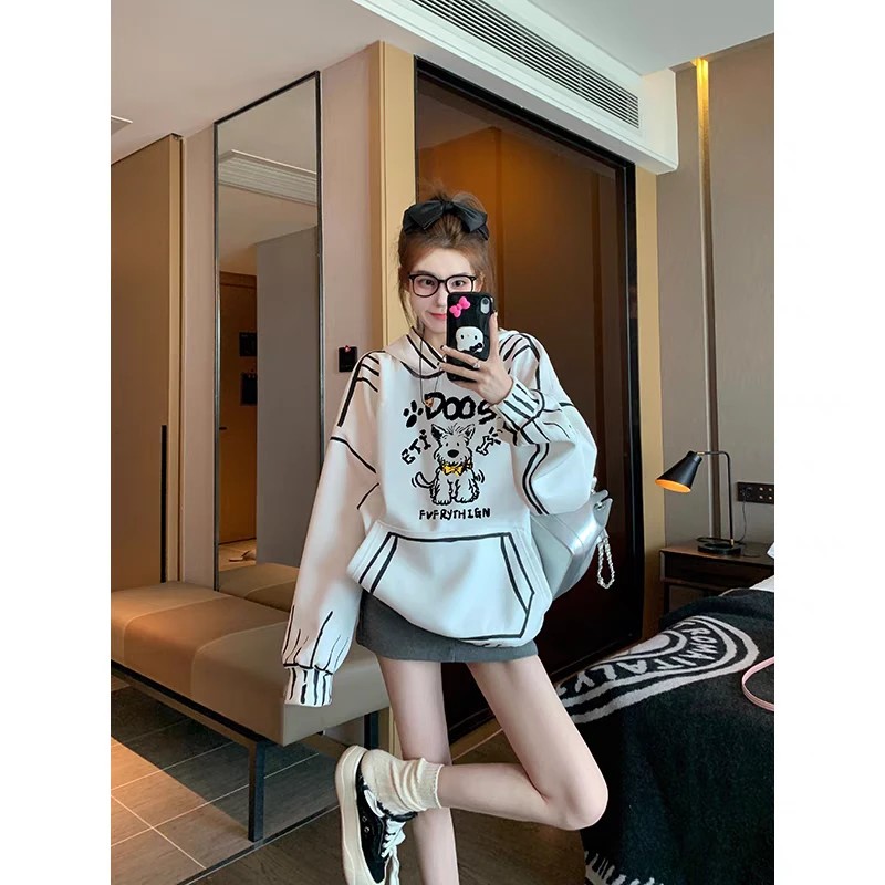 白色涂鸦卡通小狗连帽卫衣女新款洋气秋冬设计感小众外套上衣