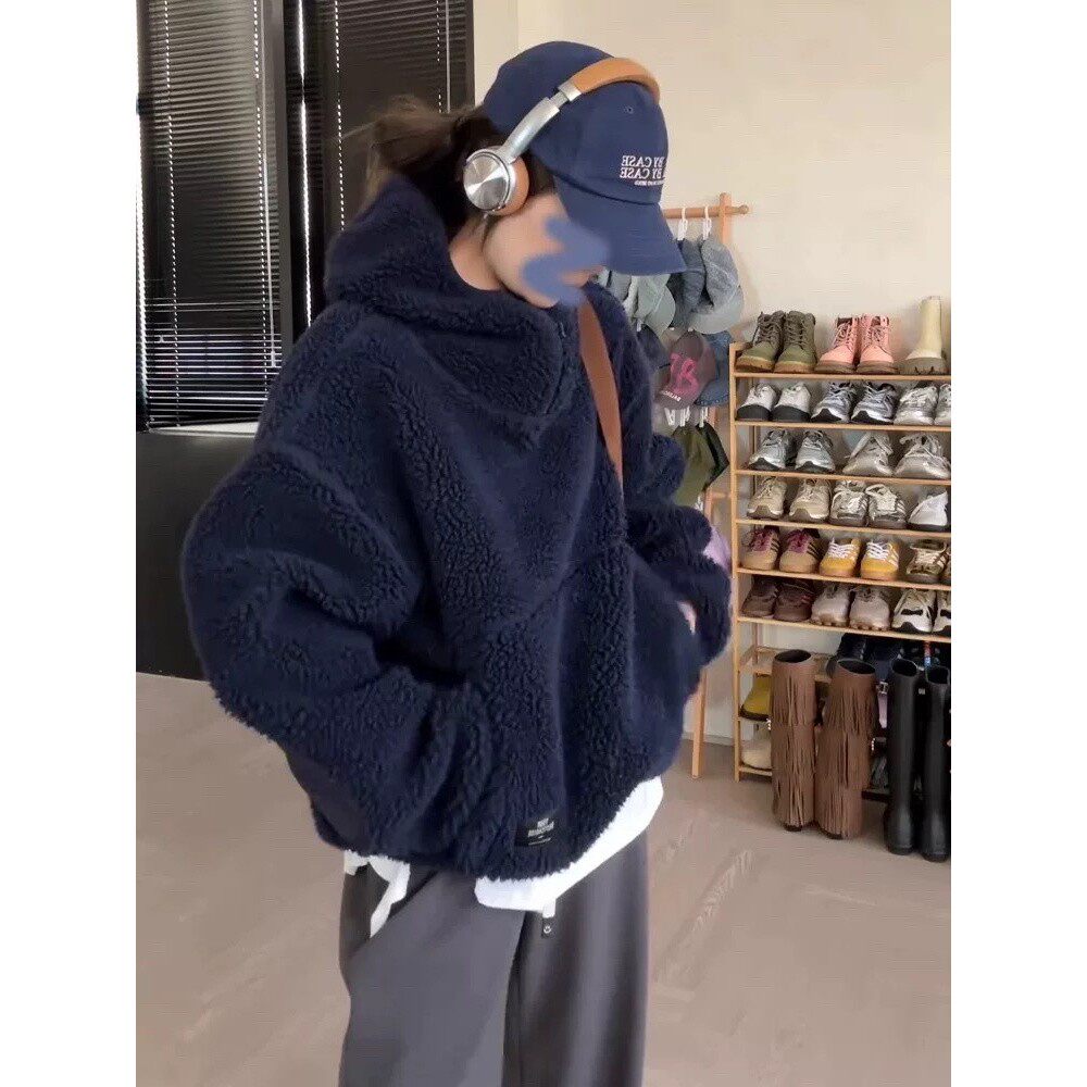 美式复古蓝色羊羔绒连帽外套女冬季小众慵懒风洋气宽松休闲上衣潮,女装/女士精品,短外套,淘宝优惠券,粉丝福利购,淘宝优惠卷