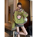 绿色连帽卫衣女2025冬季 洋气百搭卡通印花加绒加厚保暖外套女 新款