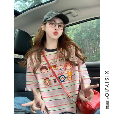 美式撞色条纹印花短袖T恤女