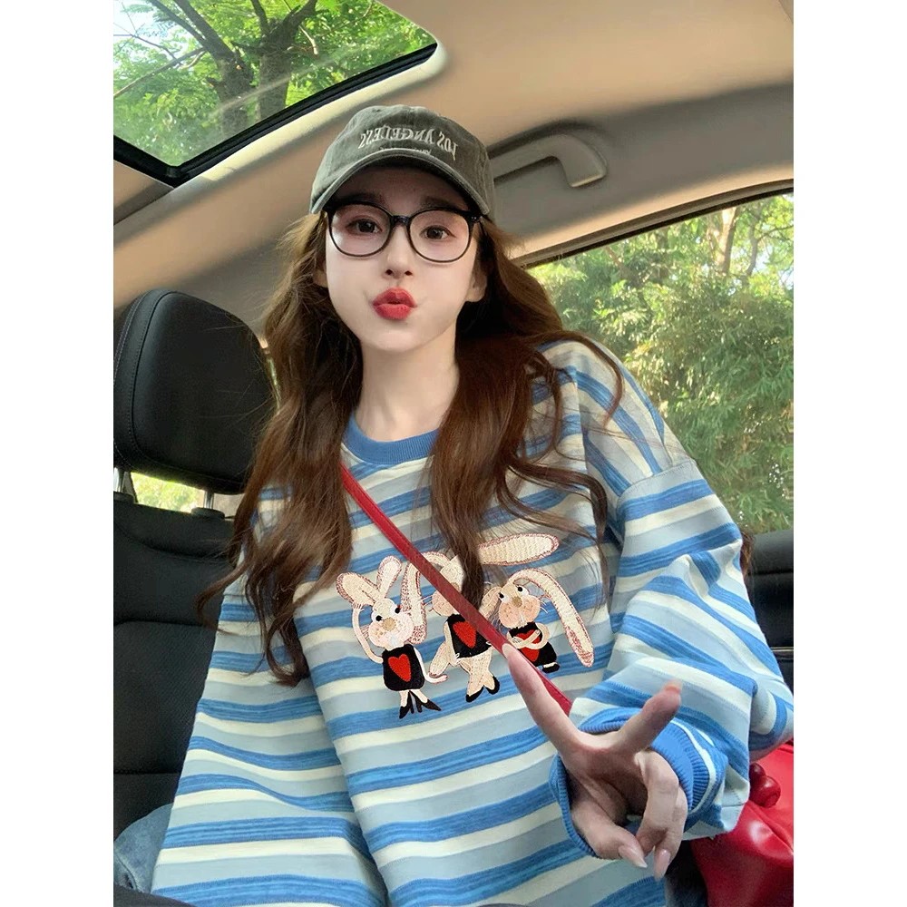 条纹圆领加厚卫衣女2025新款