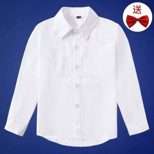 儿童压褶白衬衫衬衫短袖男童女童白色长袖衬衣中大童演出服校服