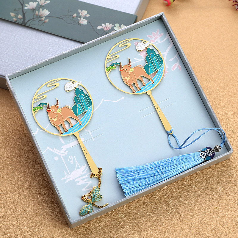 牛运当头牛年纪念书签中国风古典文艺礼品团扇刻字生肖新年礼物