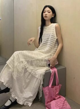 镂空针织侧边开叉流苏连衣裙女夏