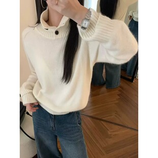 秋季韩版高领翻领长袖针织衫女宽松显瘦百搭设计感套头毛衣上衣