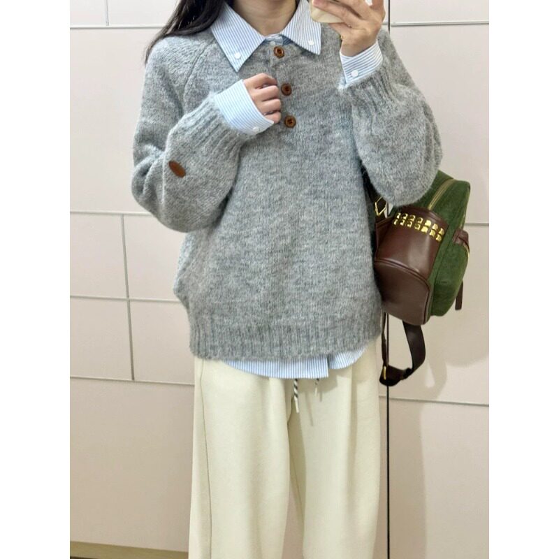 法式复古软糯松弛感亨利领纽扣宽松针织毛衣女秋冬打底衫长袖上衣