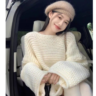 宽松慵懒风高级感针织衫 日系温柔风复古白色软糯毛衣女秋冬装 上衣