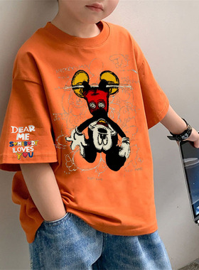 橙色纯棉T恤儿童夏季新款卡通趣味米奇印花短袖夏款休闲上衣宝宝T