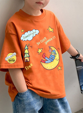 纯棉橙色卡通趣味印花短袖T恤衫休闲宽松夏天百搭男童圆领打底衫