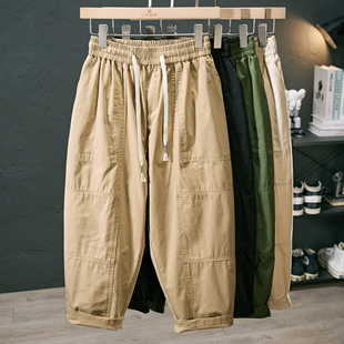 薄款 日系复古八分裤 拼接休闲裤 裤 潮 男小个子纯棉宽松直筒工装 夏季