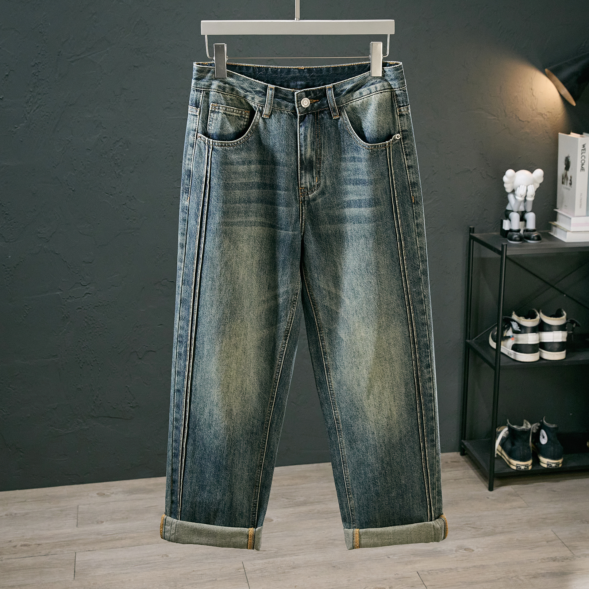 拼接宽松阔腿直筒牛仔裤