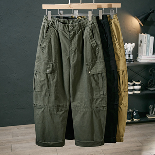 男潮流百搭纯色宽松多口袋阔腿直筒休闲裤 春季 裤 纯棉复古工装 新款