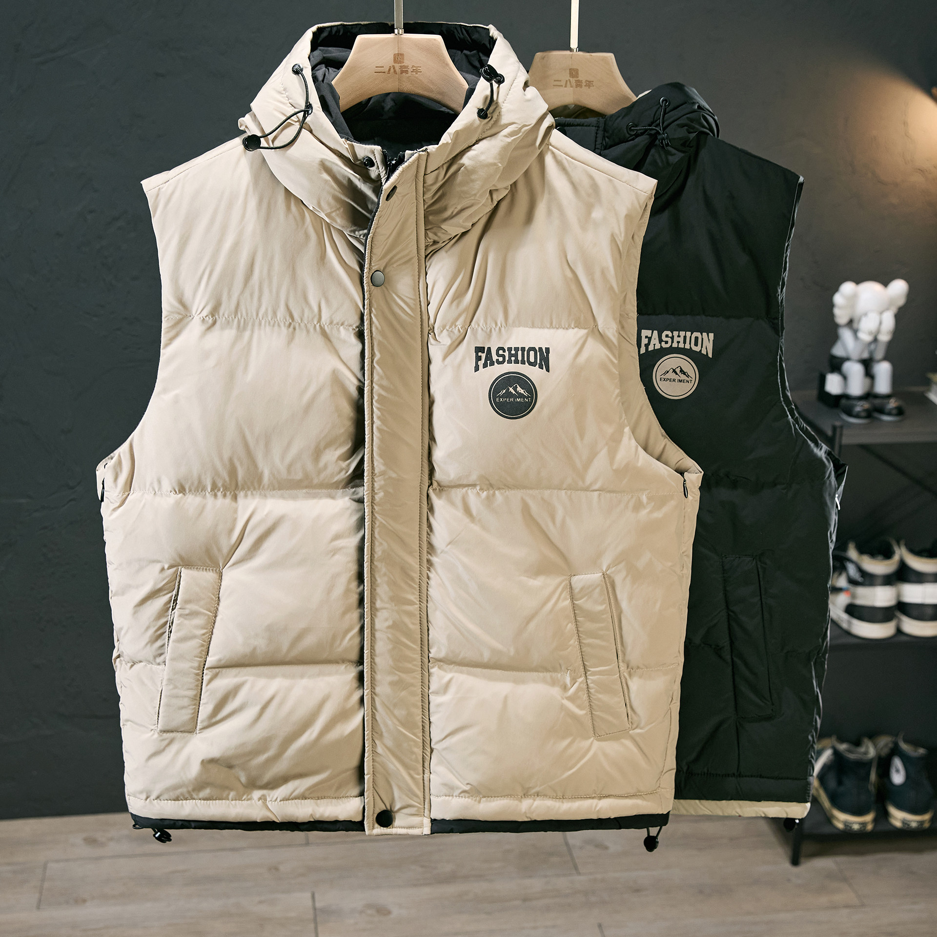 冬季连帽立领宽松羽绒马甲男生字母印花假两件保暖外穿背心外套潮,男装,羽绒马甲,淘宝优惠券,粉丝福利购,淘宝优惠卷