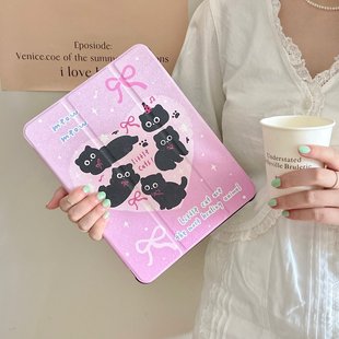 10.9英寸 保护套ipad mini6平板保护套可爱卡通iPad 三折镜面ipad 2021版 Air5 Pro 11英寸 黑色猫咪适用iPad